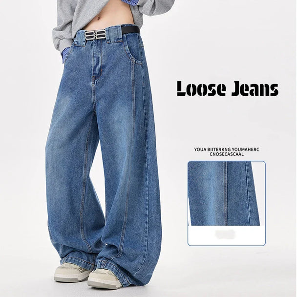 Loose blue jeans worn by a person on a white background with 'Loose Jeans' text.