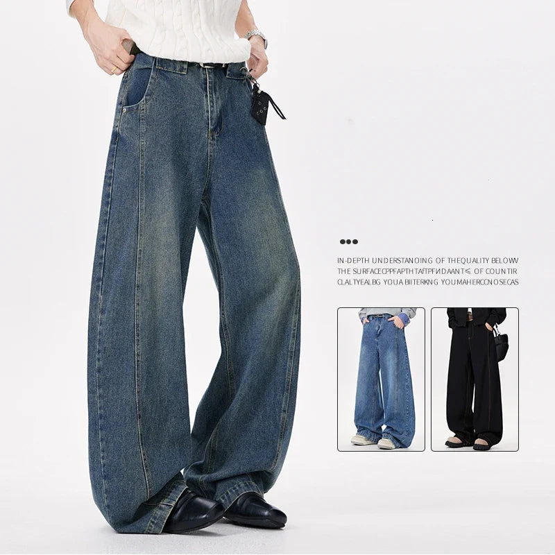 Wide-leg jeans worn by a person on a white background