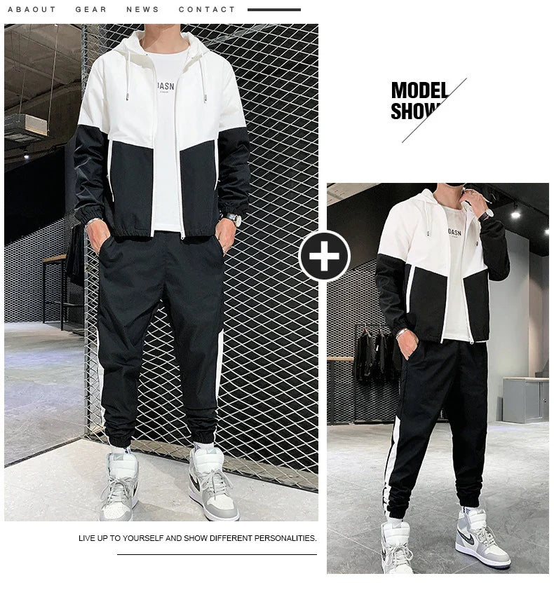 Two views of a person wearing a black and white tracksuit with text and branding elements.
