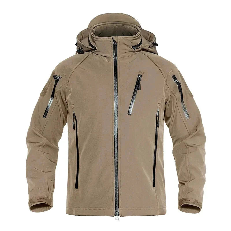 Tan jacket with multiple zippers on a white background, featuring the Magcomsen brand.