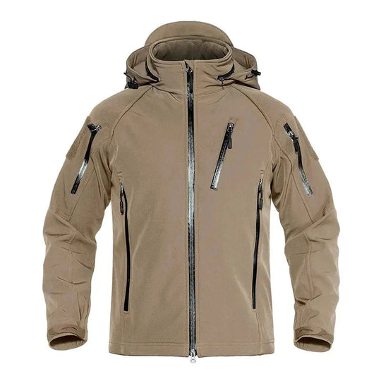 Tan jacket with multiple zippers on a white background, featuring the Magcomsen brand.