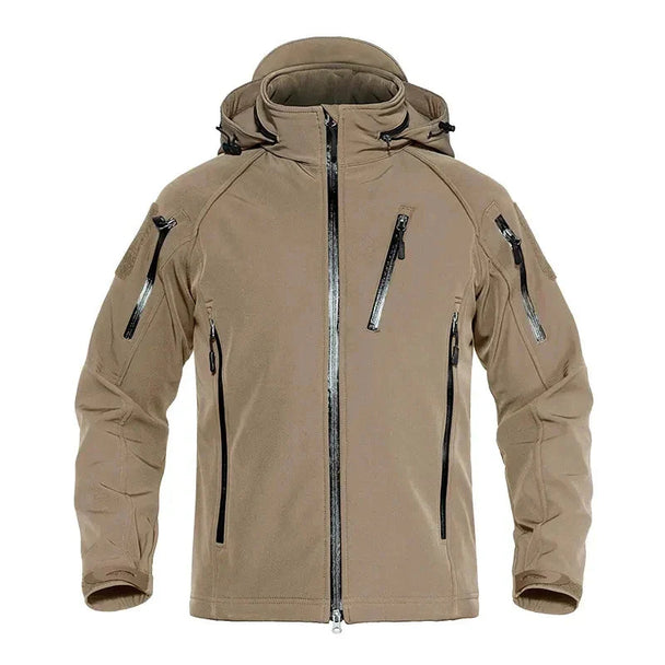 Tan jacket with multiple zippers on a white background, featuring the Magcomsen brand.