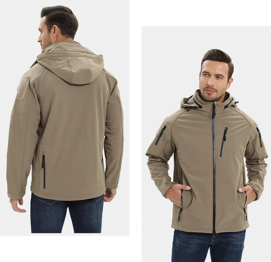 Beige jacket shown from front and back on a white background