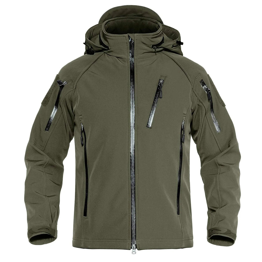 Green tactical jacket with multiple zippers on a white background