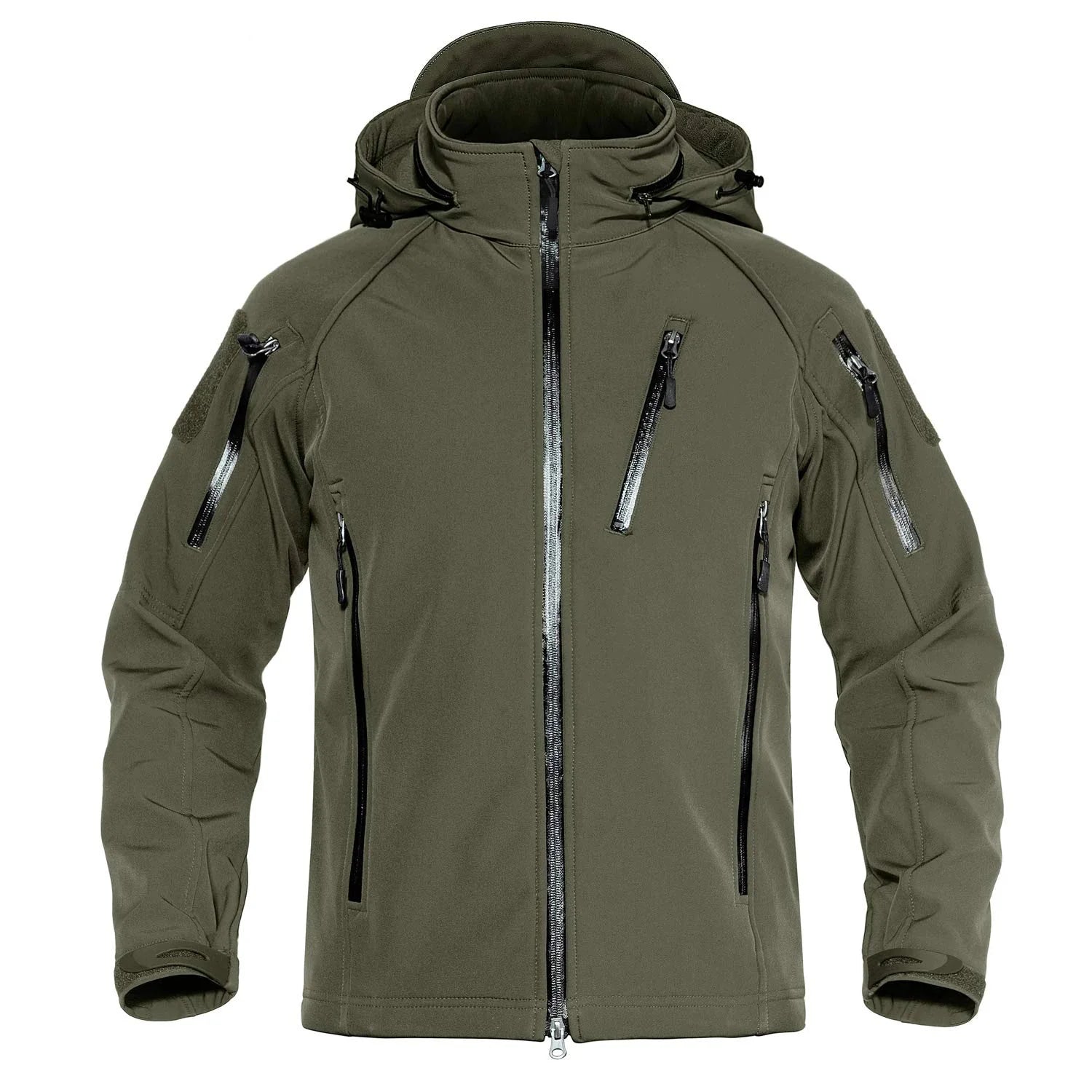 Green tactical jacket with multiple zippers on a white background