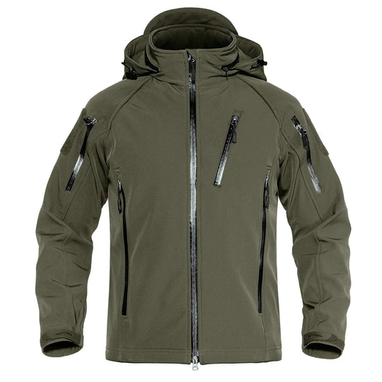 Green tactical jacket with multiple zippers on a white background