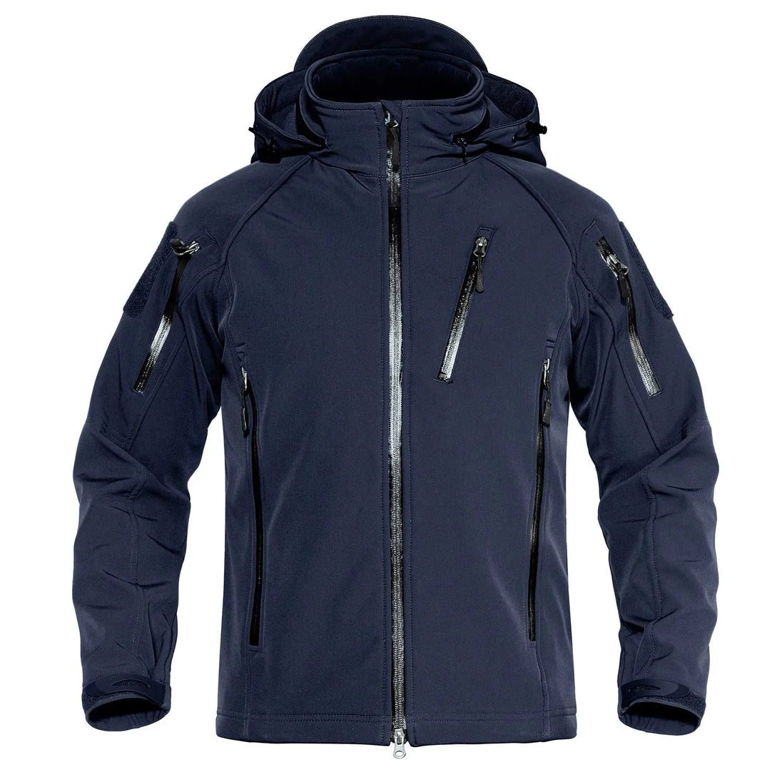 Navy blue jacket with multiple zippers on a white background