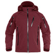 Maroon jacket with multiple zippers on a white background