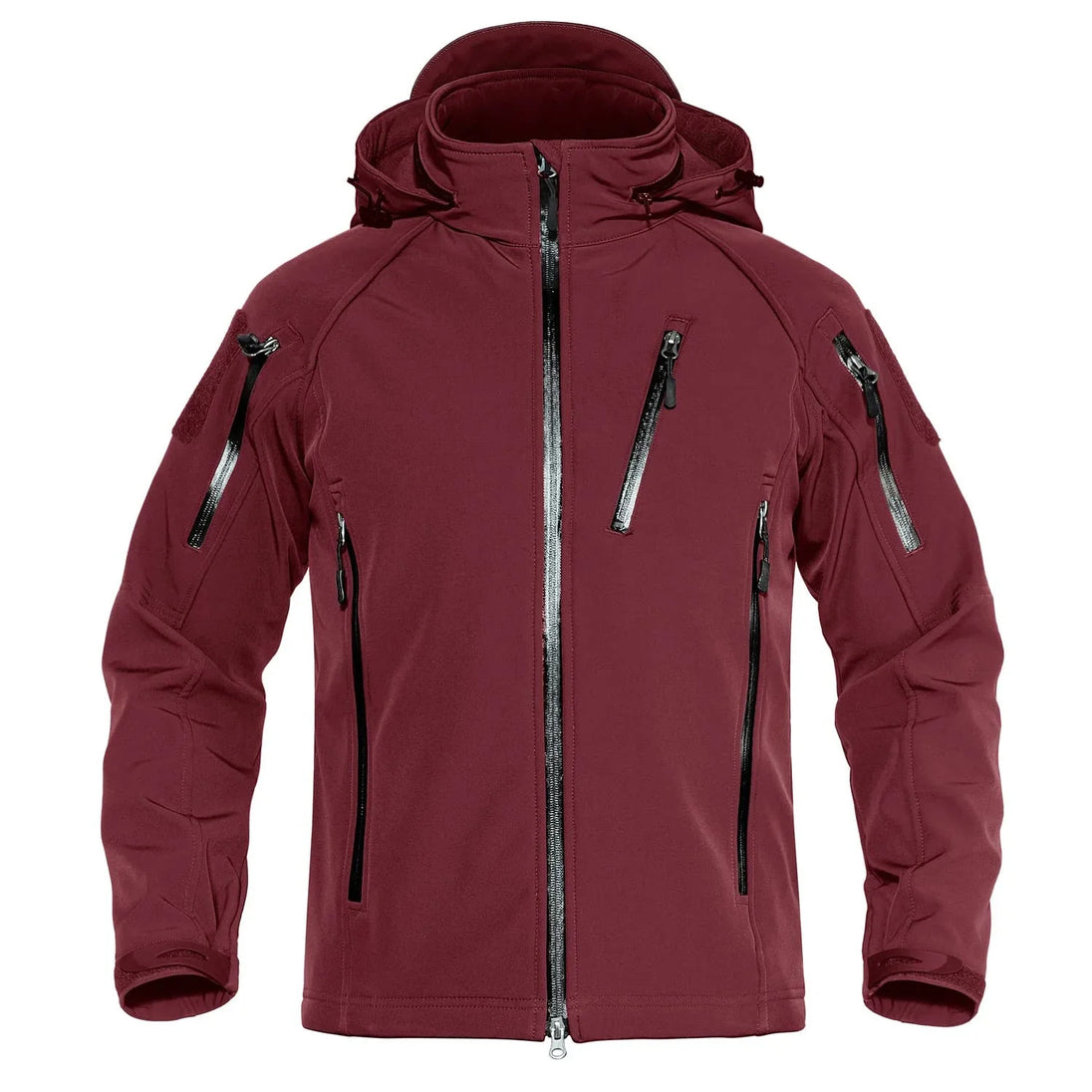 Maroon jacket with multiple zippers on a white background
