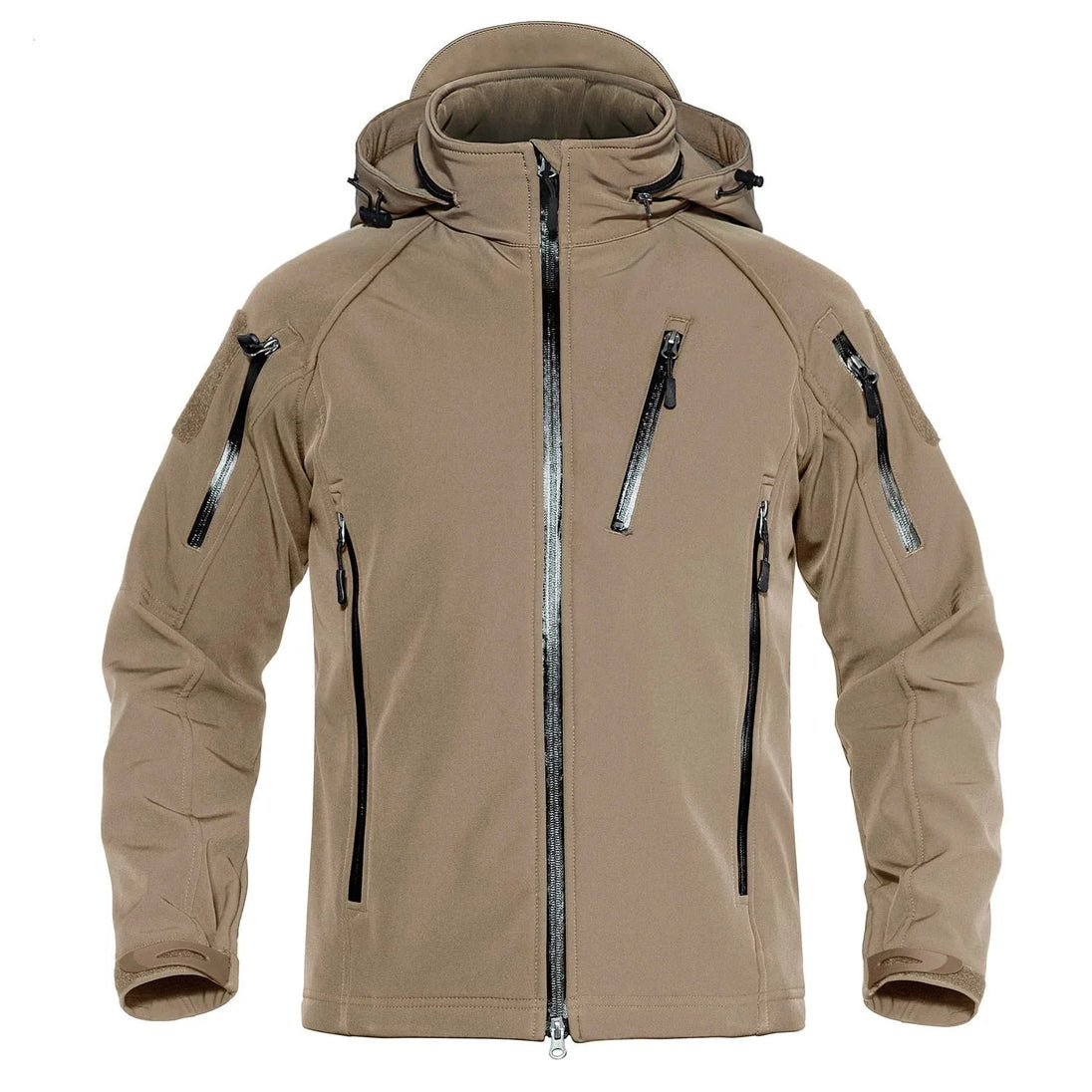 Tan tactical jacket with multiple zippers on a white background