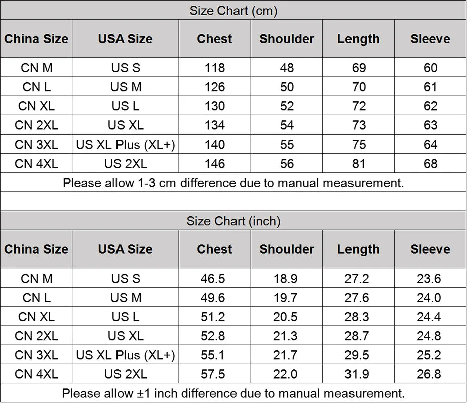 Size chart comparing Chinese and US clothing sizes with measurements in centimeters and inches.
