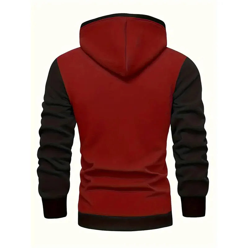 Red and black hoodie shown from the back on a white background