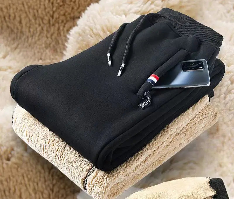 Folded black hoodie with a brand label on a beige surface