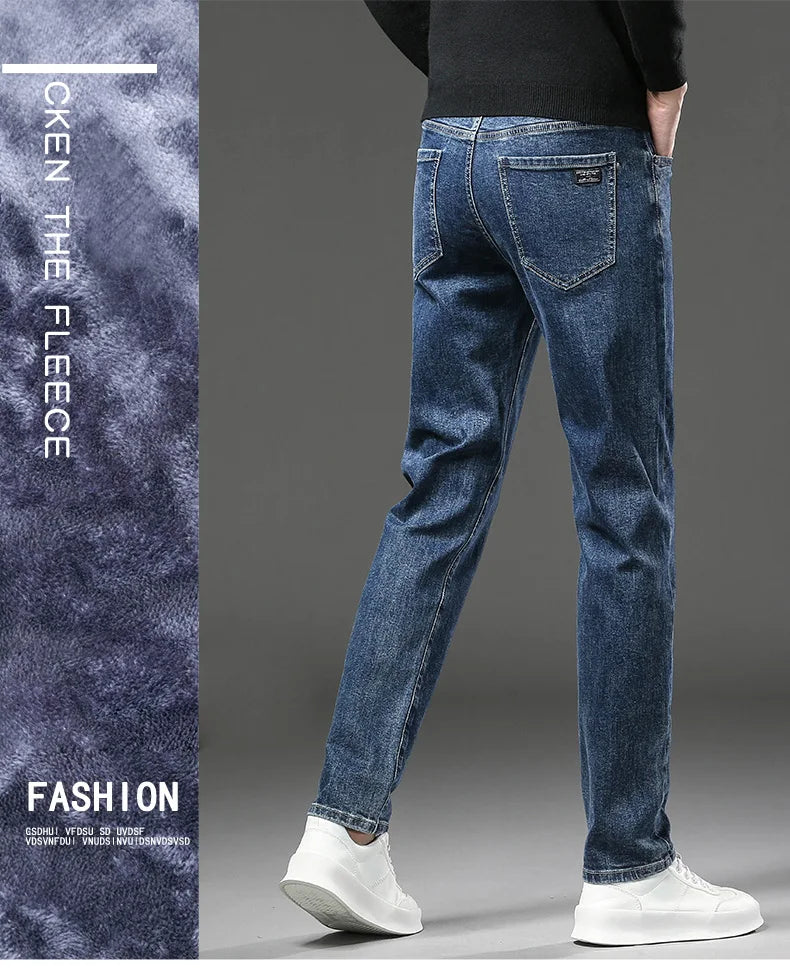 Person wearing blue jeans on a gray background with text on the left side.