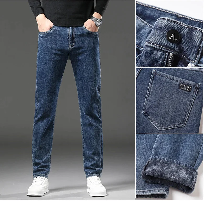 Blue jeans with brand logo on a gray background