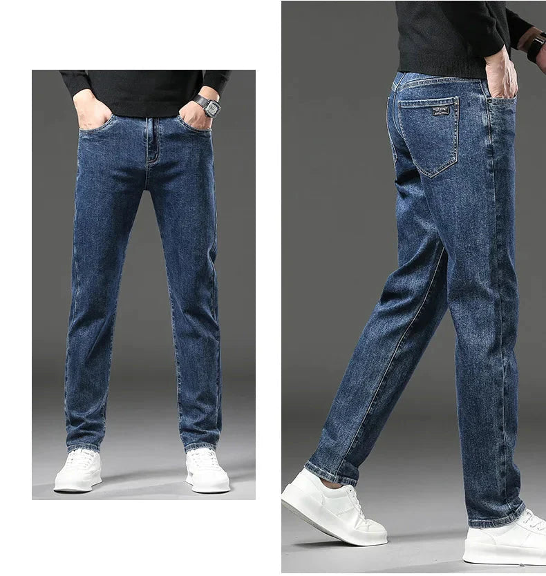 Two views of blue jeans worn by a person on a gray background