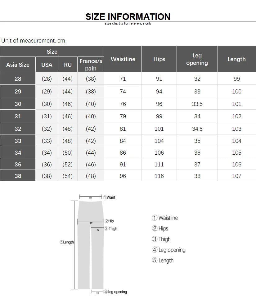 Size chart for clothing measurements in centimeters