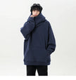 Person wearing a navy blue hoodie on a white background