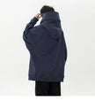 Person wearing a navy blue hoodie from behind on a white background