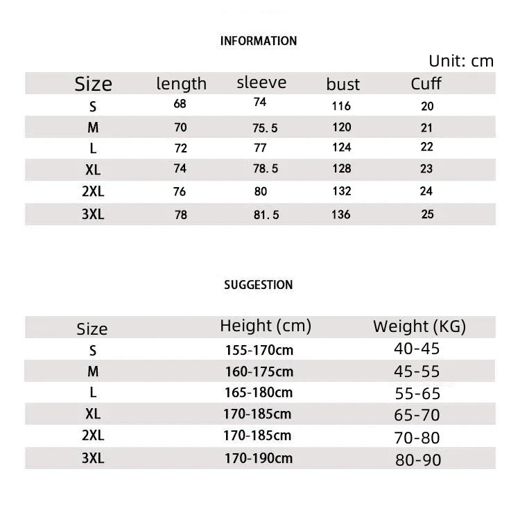 Size chart and suggestion table for clothing measurements in centimeters.