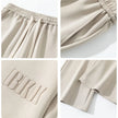 Collage of beige shorts with brand logo on a white background