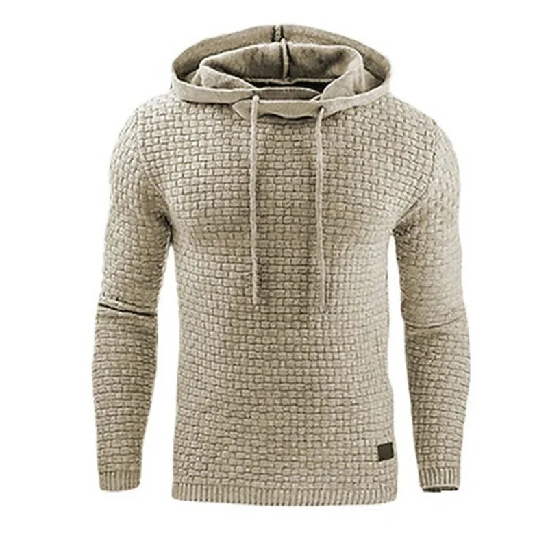 Beige knitted hoodie with a textured pattern on a white background