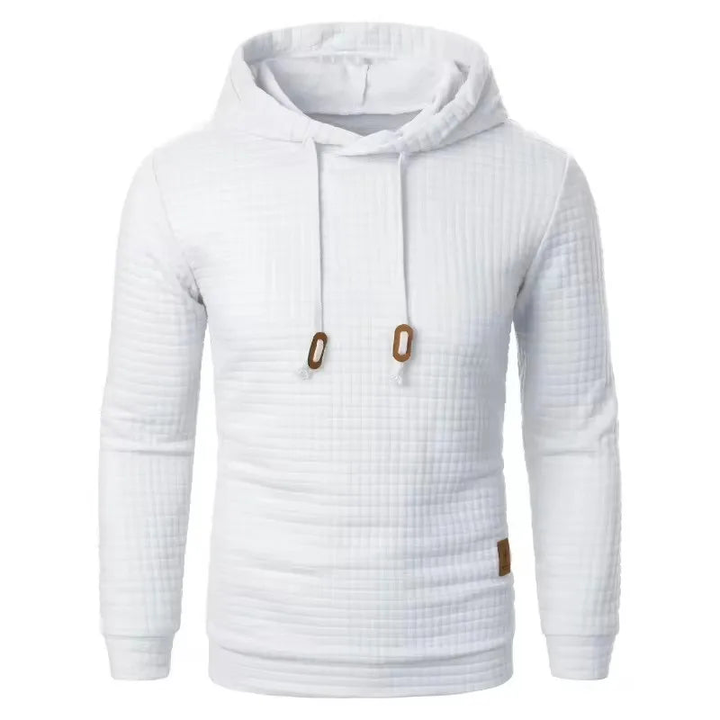 White textured hoodie with drawstrings on a white background
