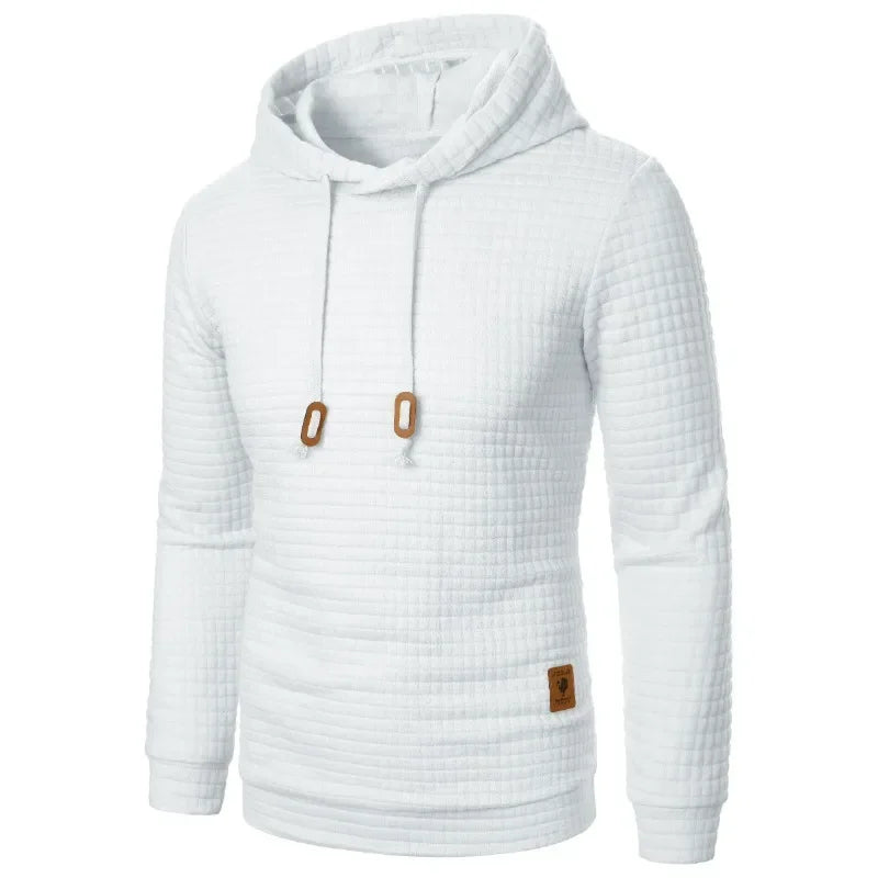 White textured hoodie with brown accents on a white background