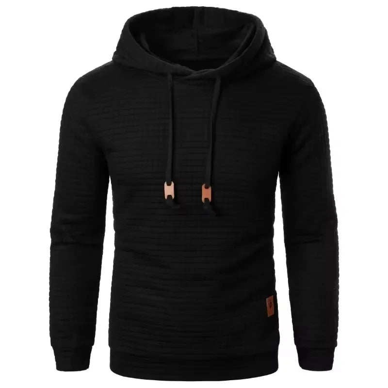 Black hoodie with brown drawstrings on a white background