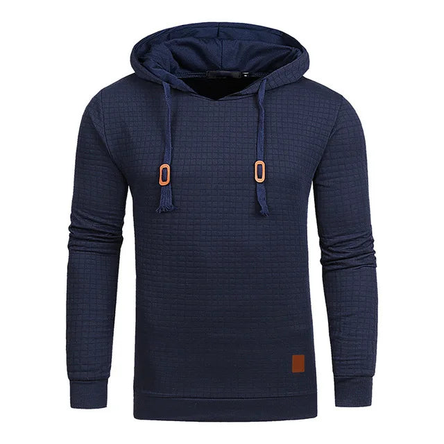 Navy blue hoodie with brown accents on a white background