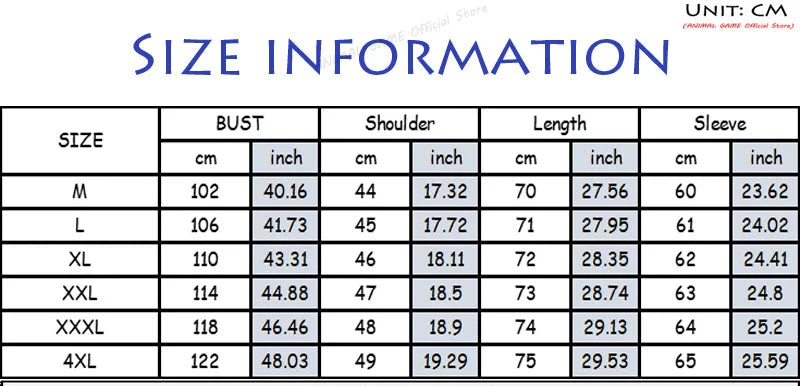 Size information chart for clothing with measurements in centimeters and inches.