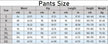 Pants size chart with measurements in centimeters and inches