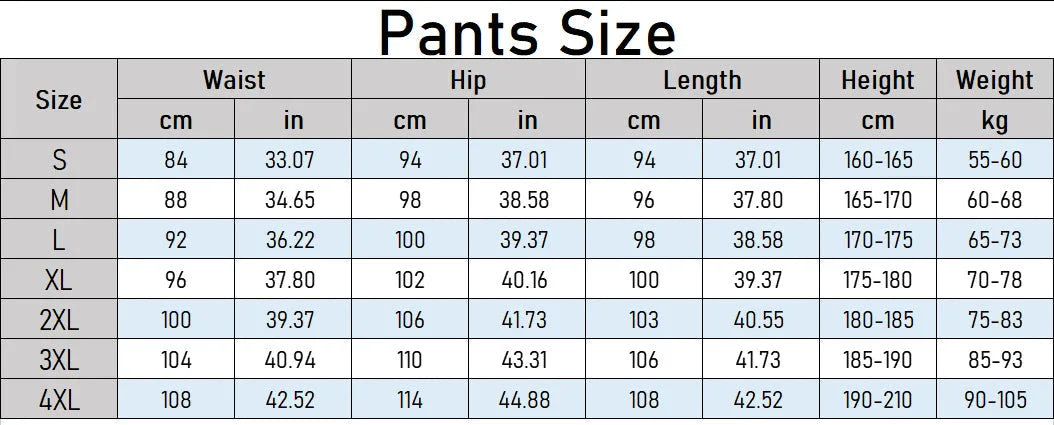 Pants size chart with measurements in centimeters and inches