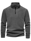 Gray fleece pullover with a zipper on a white background