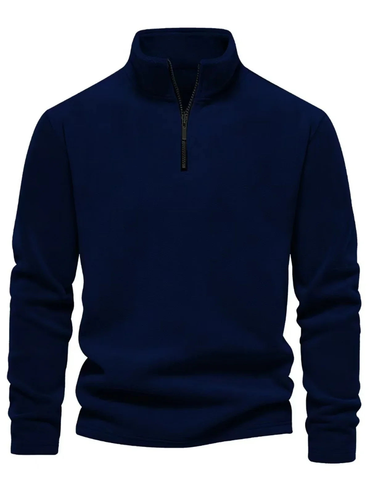 Navy blue pullover with a quarter zip on a white background