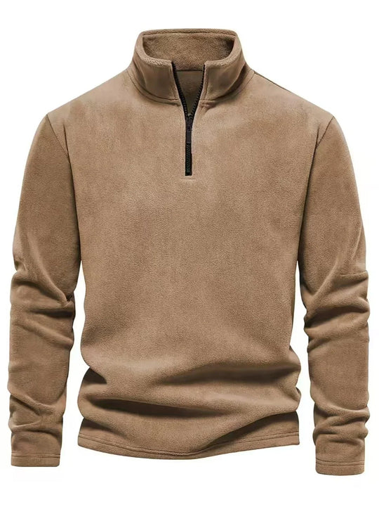 Brown pullover with a quarter zip on a white background