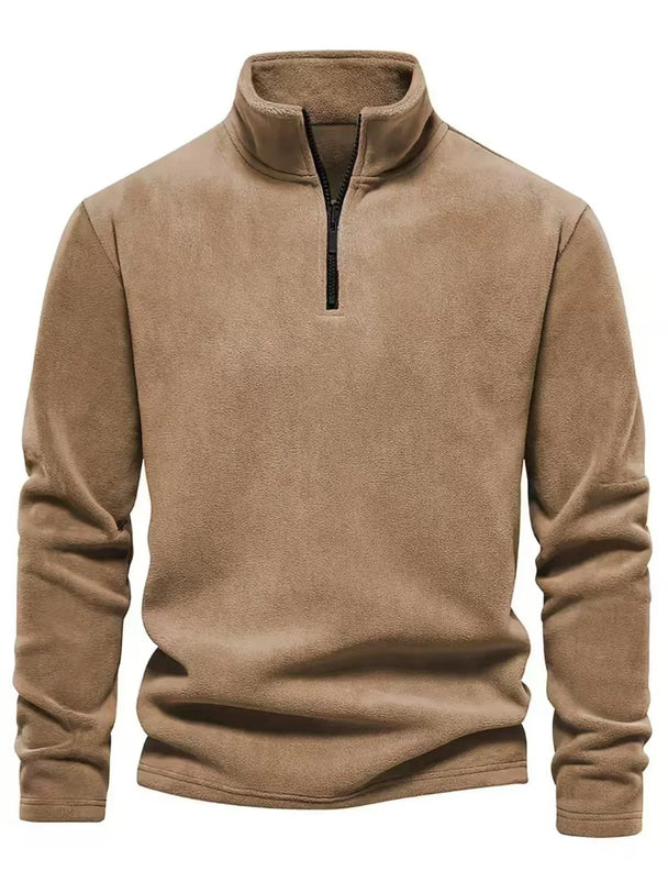 Brown pullover with a quarter zip on a white background