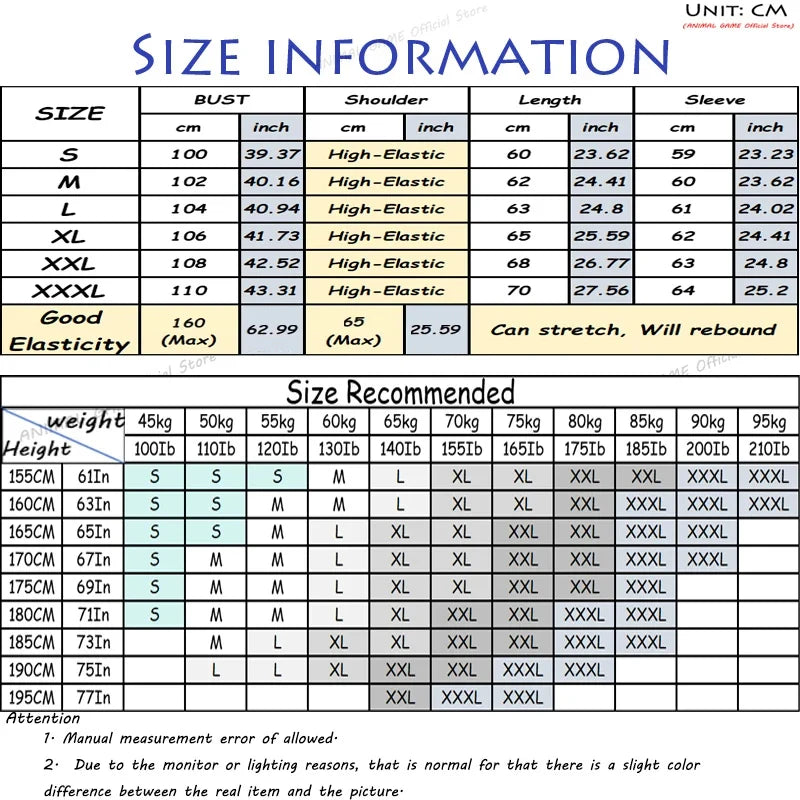 Size information chart for clothing with measurements in centimeters and inches.