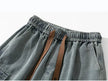 Gray denim shorts with brown straps on a white background, featuring the brand 'DEATLS DISPLAY'.