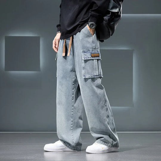 Person wearing light blue cargo pants with a blurred background