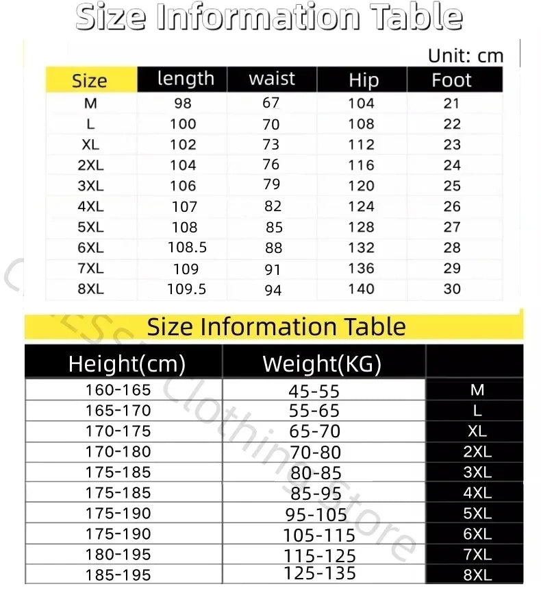Size information table with measurements in centimeters and weight in kilograms.