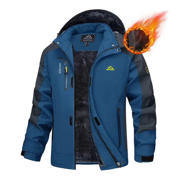 Blue and black jacket with fire graphic on a white background, featuring the Magcomsen brand.