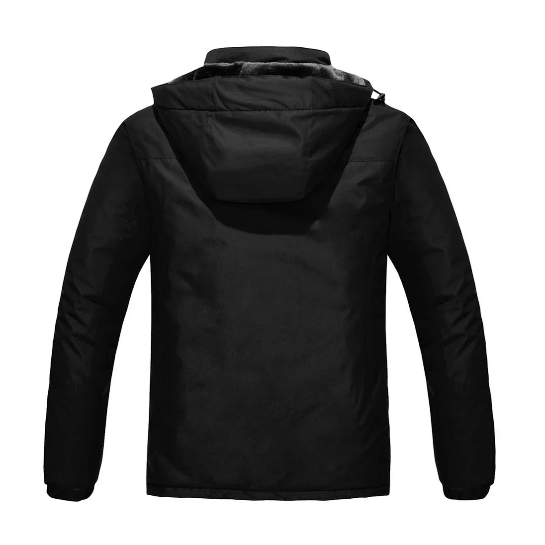 Black jacket with a hood on a white background