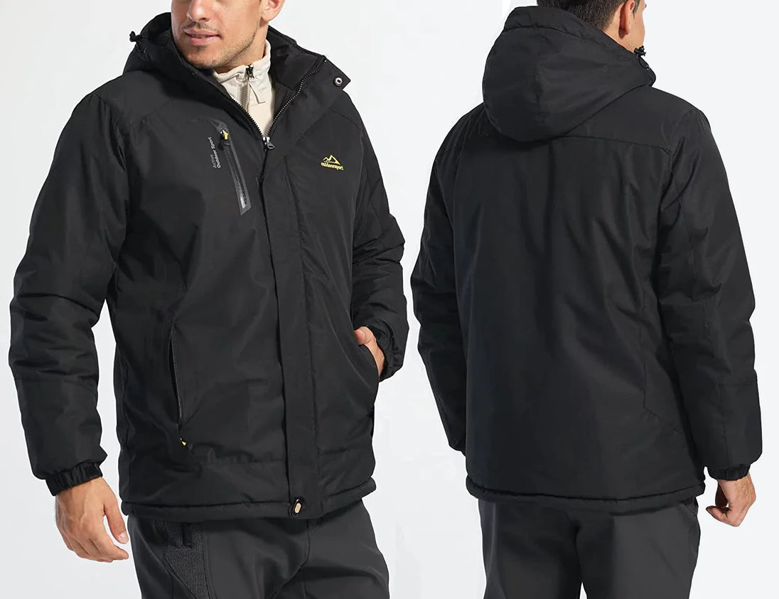 Black jacket with a brand logo shown from front and back on a white background