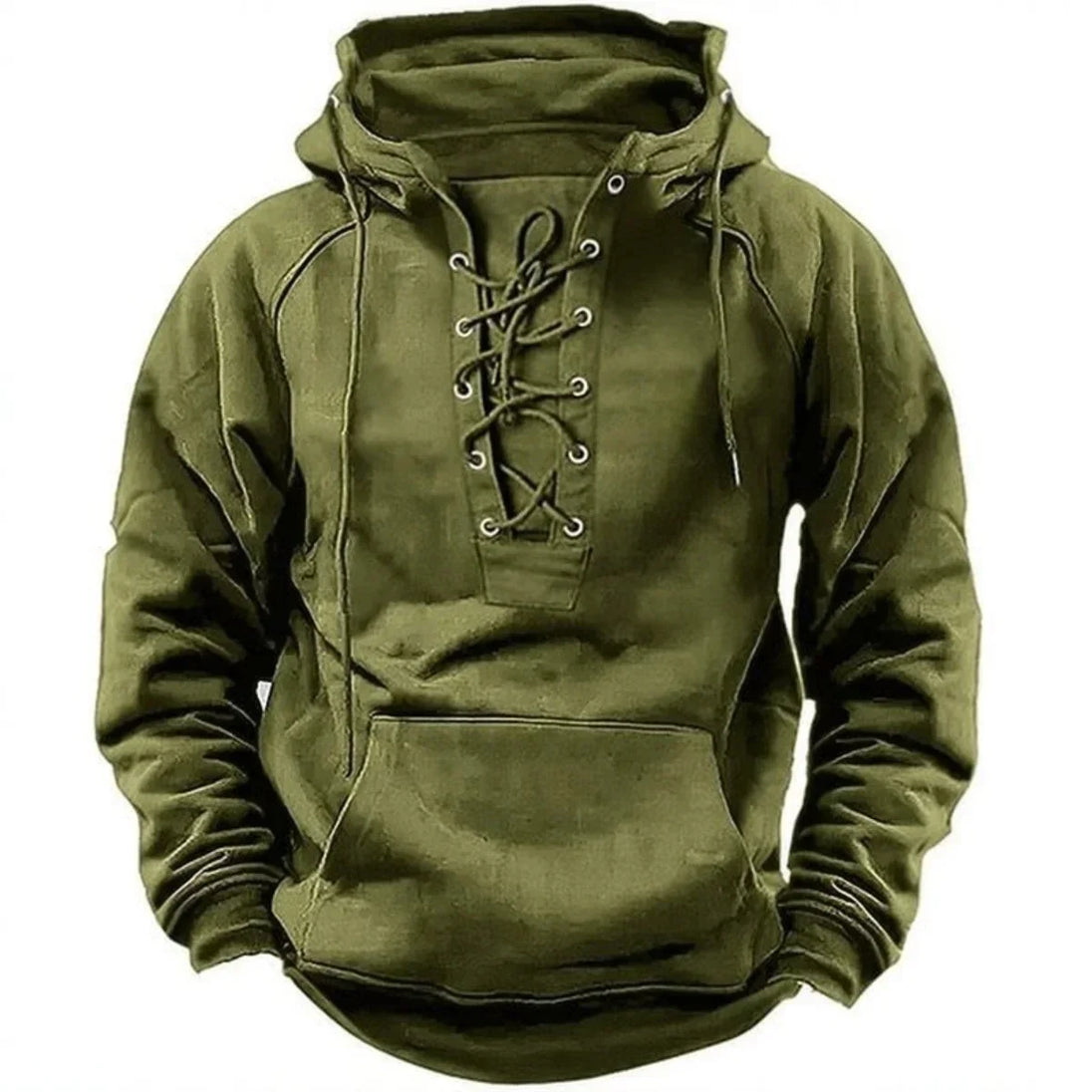 Green hoodie with lace-up front on a white background