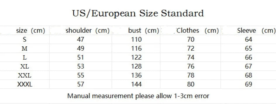 Size chart comparing US/European measurements with dimensions in centimeters.