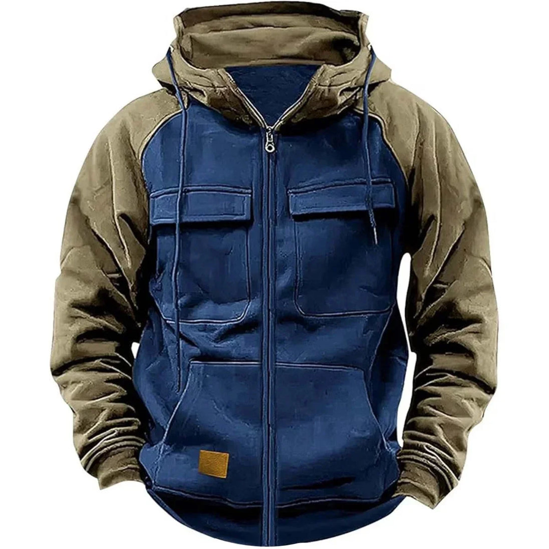 Blue and brown hooded jacket on a white background