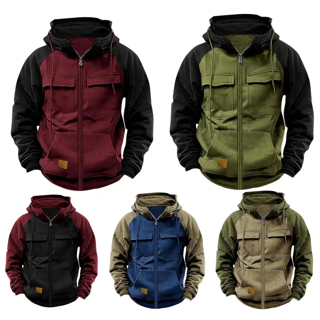 Five different colored hoodies with a mix of solid and patterned designs on a white background.