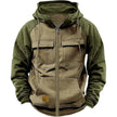 Green and brown hooded jacket with multiple pockets on a white background