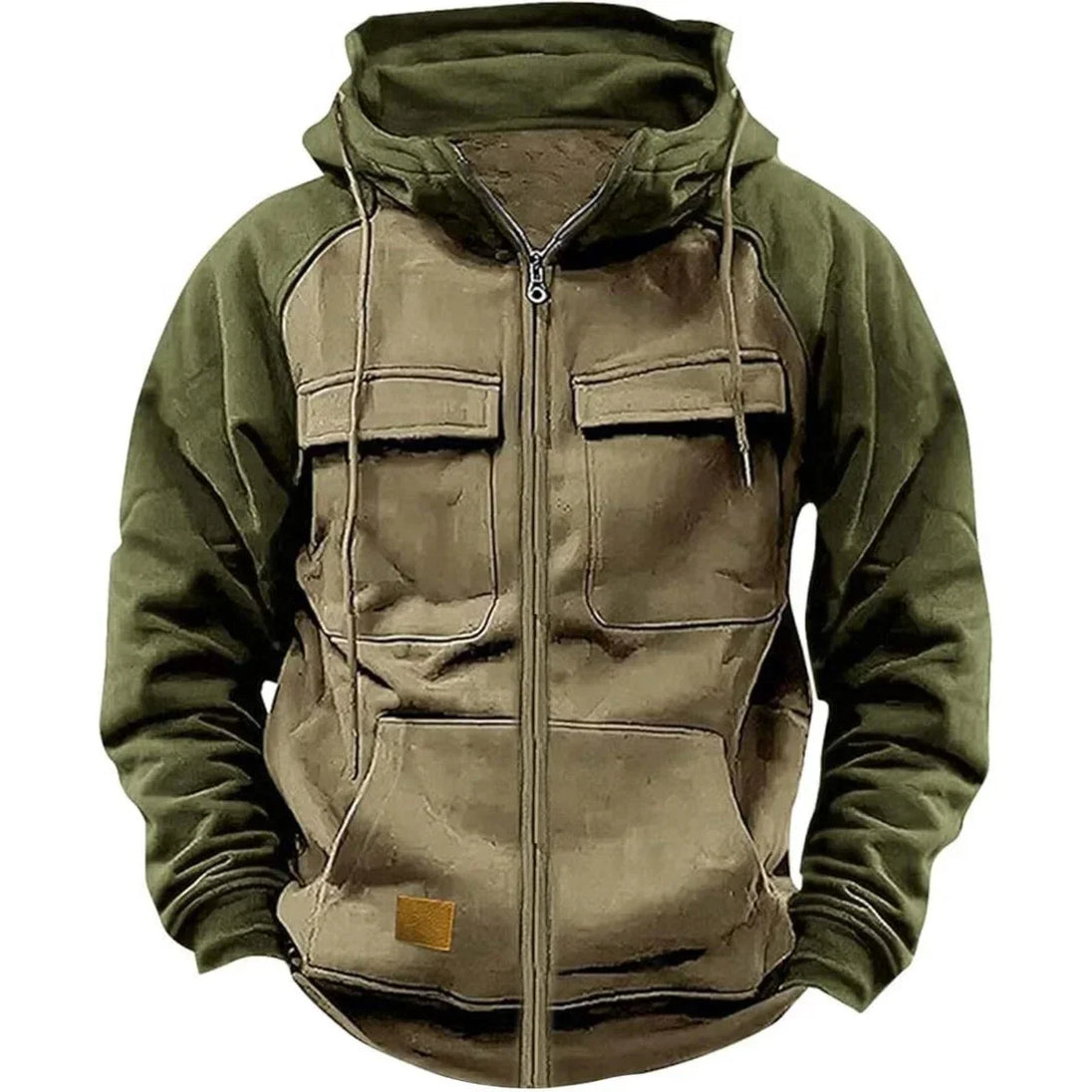 Green and brown hooded jacket with multiple pockets on a white background